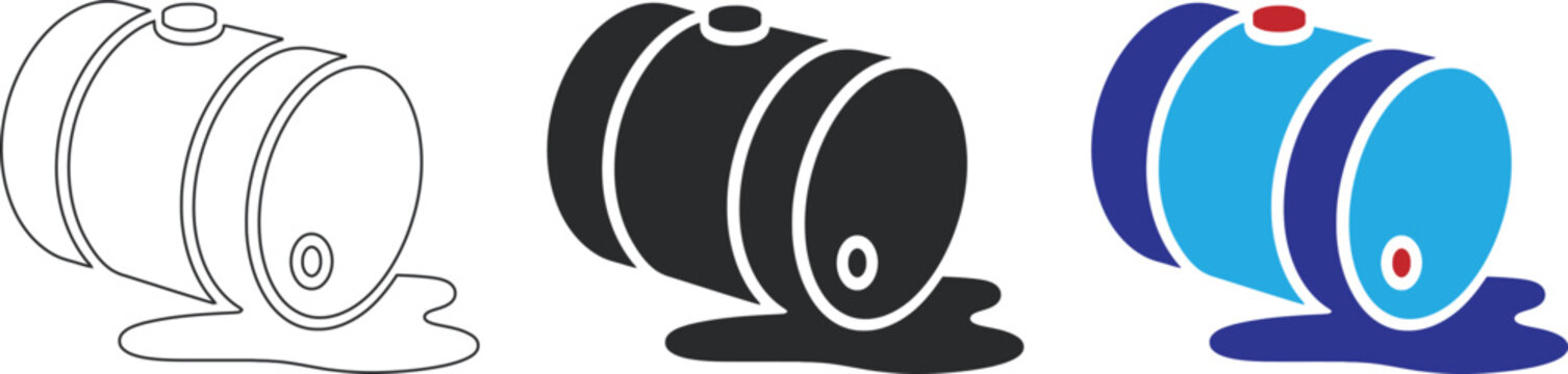A collection of oil barrel leakage icons in three distinct styles including outline silhouette and flat color versions representing hazardous industrial chemical spills