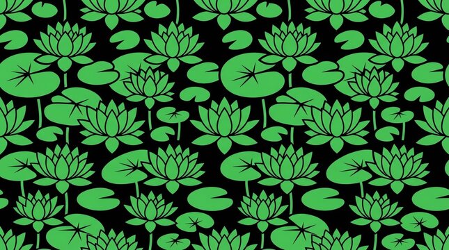 Green lotus flower and lily pad seamless pattern on black