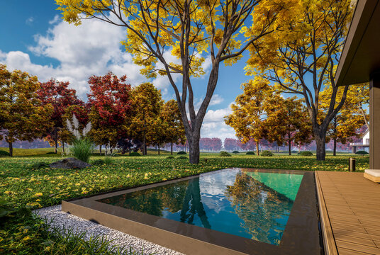 3d rendering of contemporary architectural luxury house exterior. Modern Scandinavian style family home with a white plaster walls, beautiful garden. Clear sunny autumn day with golden leaves anywhere