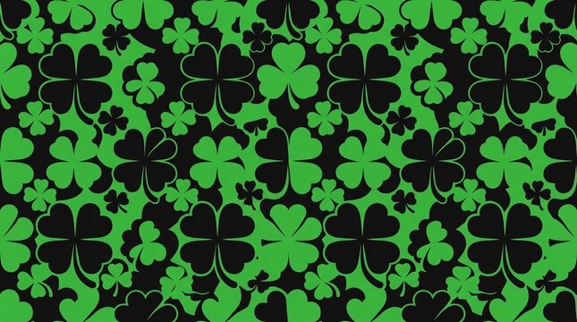 Shamrock and four leaf clover seamless pattern on black background
