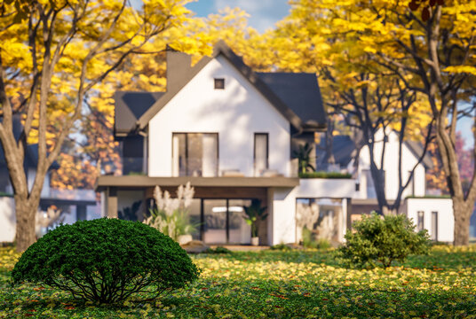 3d rendering of contemporary architectural luxury house exterior. Modern Scandinavian style family home with a white plaster walls, beautiful garden. Clear sunny autumn day with golden leaves anywhere