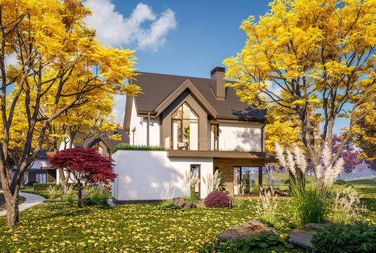 3d rendering of contemporary architectural luxury house exterior. Modern Scandinavian style family home with a white plaster walls, beautiful garden. Clear sunny autumn day with golden leaves anywhere