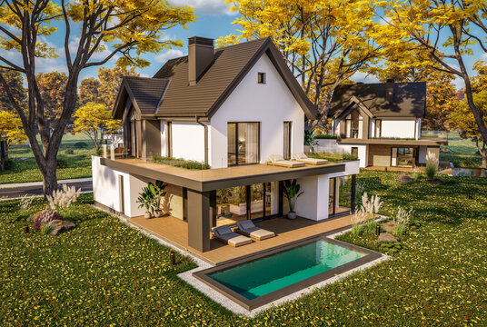 3d rendering of contemporary architectural luxury house exterior. Modern Scandinavian style family home with a white plaster walls, beautiful garden. Clear sunny autumn day with golden leaves anywhere