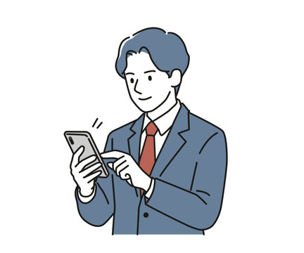 スマートフォンを画面タップして操作・検索する男性ビジネスパーソン（スマホ・アプリ・仕事）