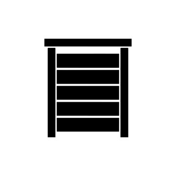 Black silhouette of a simple wooden cabinet with horizontal slats on a white background