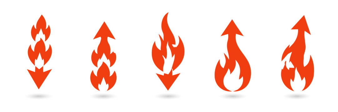 Fire flames arrows icons for hot trends and growth on transparent background