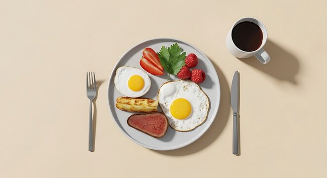 Top view of a breakfast plate with fried eggs, steak, halloumi cheese, strawberries, raspberries, and a cup of black coffee
