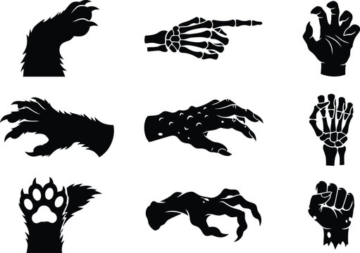 Black monster hands vector halloween creature limbs collection on transparent background.