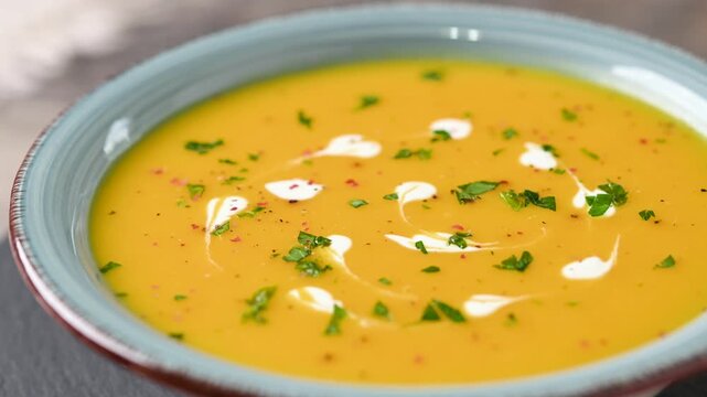 Creamy pumpkin soup rotating