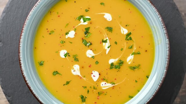 Creamy pumpkin soup rotating