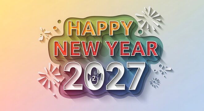 Happy new year 2027 greeting card with colorful paper cut style typography and festive firework decorations