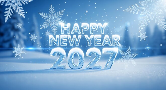Happy new year 2027 greeting card with icy 3d text and snowflakes on a snowy winter landscape background