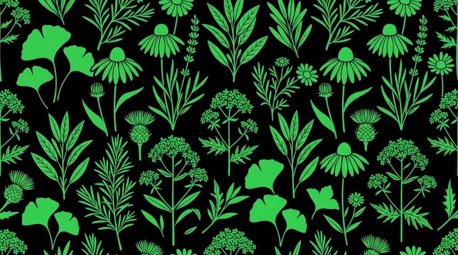 Seamless green botanical pattern with medicinal herbs on black backdrop
