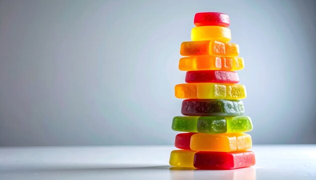 Colorful gummy candies stacking tower on white surface