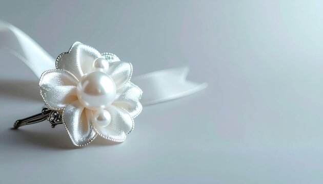 White pearl boutonni&egrave;re with satin ribbon for wedding