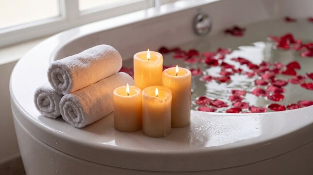 Romantic spa setting with lit candles, rolled towels, and floating red rose petals on the edge of a white bathtub.