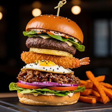 Gourmet fusion burger with beef patty, fried shrimp, egg, and pineapple on a wooden board with sweet potato fries