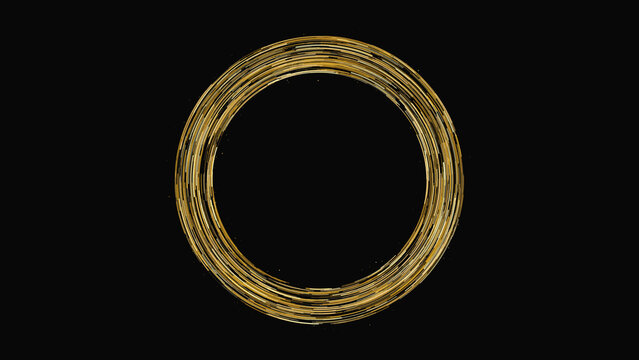 Abstract gold circular ring shape made of thin lines on a black background, isolated for digital composition