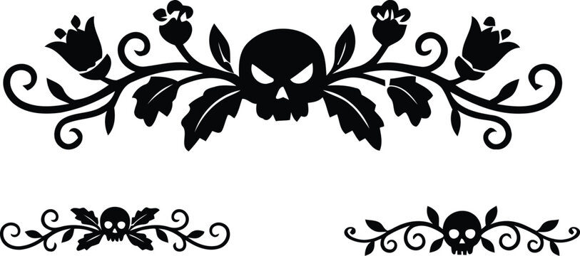 Decorative floral borders with skulls and flowers for spooky vintage style invitation.