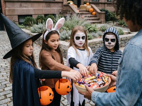 Happy children in festive Halloween costumes, like a witch, bunny, cat, and tiger, eagerly collecting colorful candy from a bowl during trick-or-treating on a charming autumn street