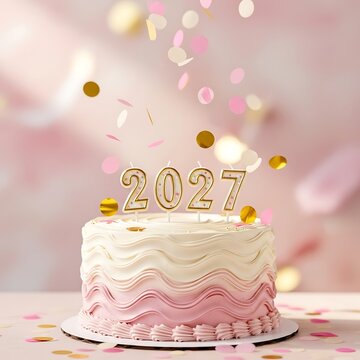 Celebratory cake with 2027 candles and pink confetti falling on a soft pastel background for a festive new year or anniversary party