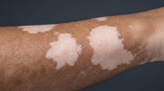 Close-up of a dark-skinned arm showing prominent white patches of depigmentation, indicating a vitiligo skin condition.