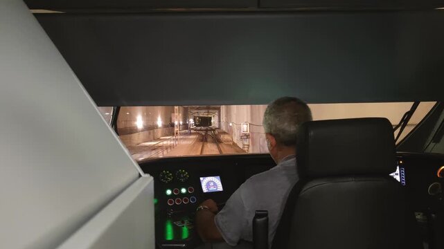 Professional train driver operating a subway in a dark cabin with glowing instrument lights while moving through a brightly lit underground railway tunnel
