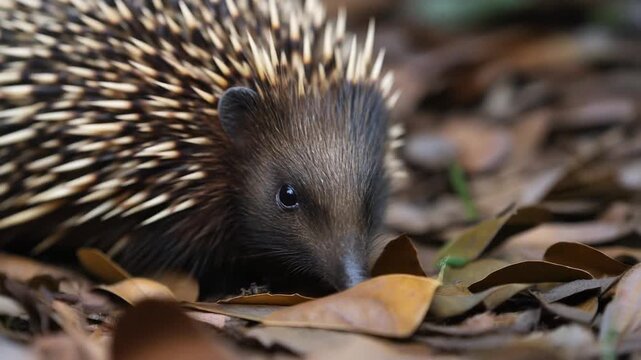 Close-up portrait of a wild echidna foraging for insects on the forest floor among fallen dried autumn leaves in an Australian woodland habitat