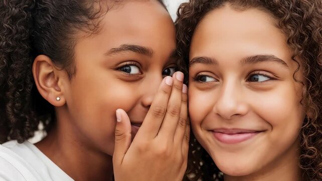 Two young African American girls sharing a secret. One girl whispering into her friend's ear while she listens and smiles. Childhood friendship concept