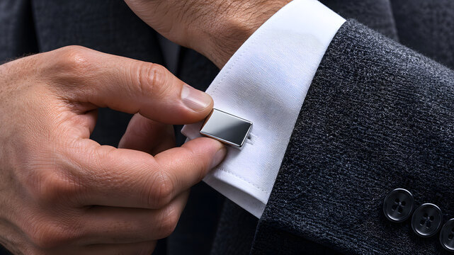 Businessman adjusting silver cufflinks on white shirt sleeve for formal business attire.