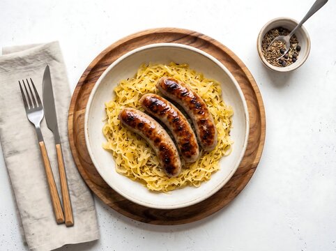 Grilled sausages served with shredded sauerkraut dish