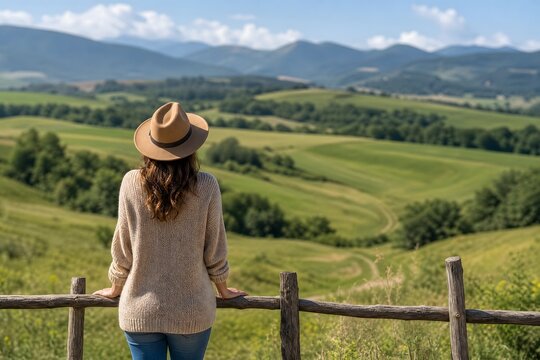 Woman in hat enjoying peaceful view of green rolling hills