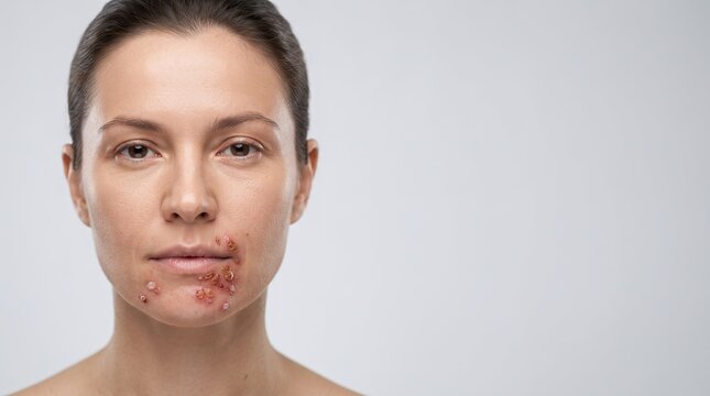 Portrait of a woman with severe herpes simplex virus outbreak or impetigo fluid blisters on chin and mouth