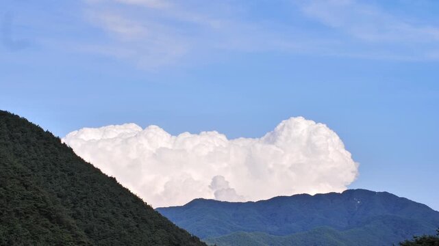 Mountain Cumulonimbus Clouds Timelapse - Dramatic Sky.
A stunning timelapse of massive white cumulonimbus clouds gathering over mountain ranges under a blue sky, perfect for nature documentaries, clim