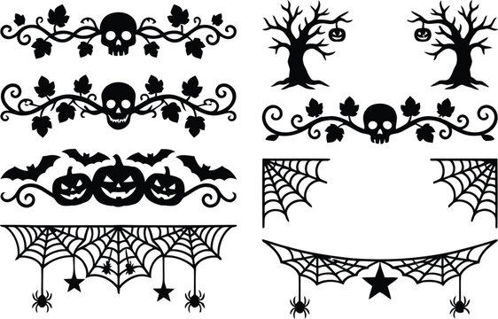Halloween decorative elements and dividers with trees skulls webs spiders and pumpkins.