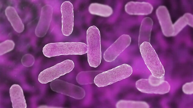 Serratia marcescens bacteria, 3D animation of red-pigmented rod-shaped bacteria in a microscopic environment.