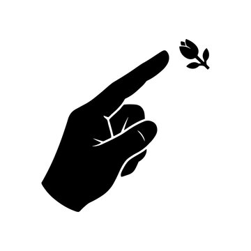 Pointing hand silhouette with falling leaf on a white background minimalist graphic