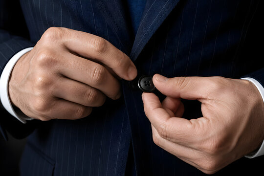 Businessman buttoning his dark blue suit jacket for a professional meeting or formal event