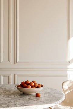 Bowl of clementines on a round marble table in a Parisian dining room with smooth white walls and sculptural chair edge visible