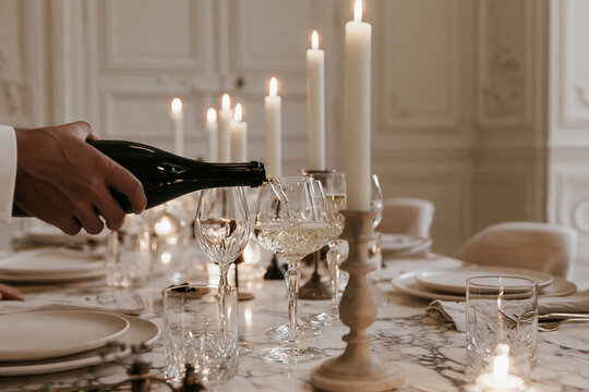 Closeup of a man's hand pouring sparkling wine into a crystal glass on a marble dining table with candles in an elegant Parisian dining room