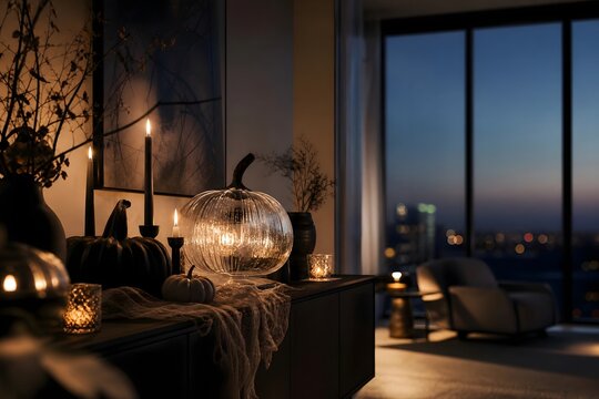 Cozy Halloween Pumpkin Candlelight in Modern Living Room at Dusk