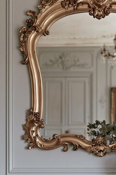 Closeup of ornate gilt Rococo mirror frame detail reflecting a Parisian dining room with soft morning light and pale grey wall backdrop