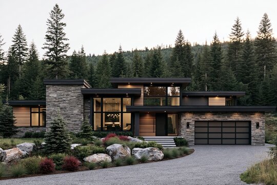 Modern mountain home with stone and wood exterior, surrounded by lush pine forest and gravel driveway in early morning light