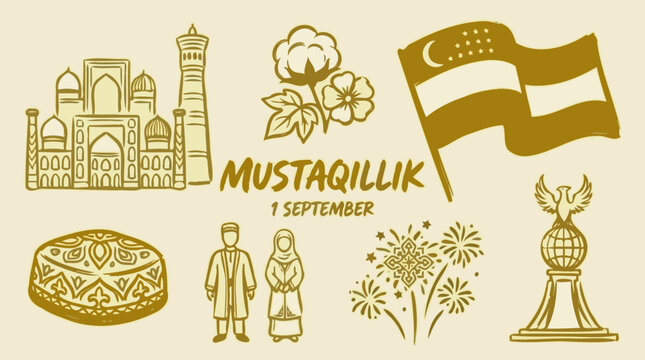 Uzbekistan Independence Day Mustaqillik line art illustration banner collection