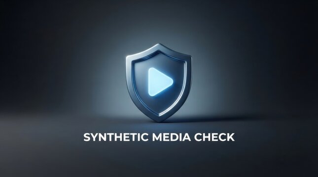 Synthetic Media Check Shield with Play Button on Dark Background
