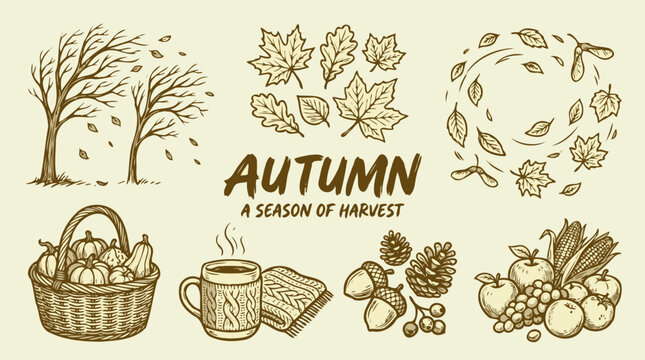 Autumn season of harvest cozy coffee and oak leaves line art illustration banner