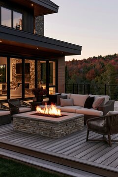 Modern family home patio with stacked stone fire pit and cozy seating, surrounded by autumn foliage at dusk