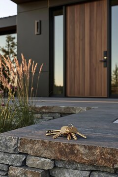 Brass house keys resting on a stone ledge beside a cedar front door of a Mountain Modern family home during golden hour light