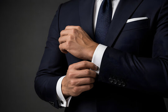 Businessman in dark suit adjusting cufflinks, professional man in formal attire closeup.