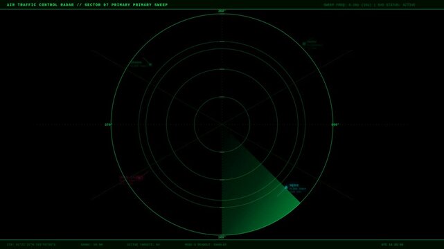 Digital Air Traffic Control Radar Display Screen with Scanning Motion and Tracking Flight Targets